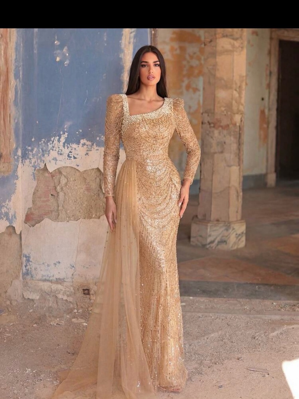Gold Sequin Long Sleeve Evening Gown